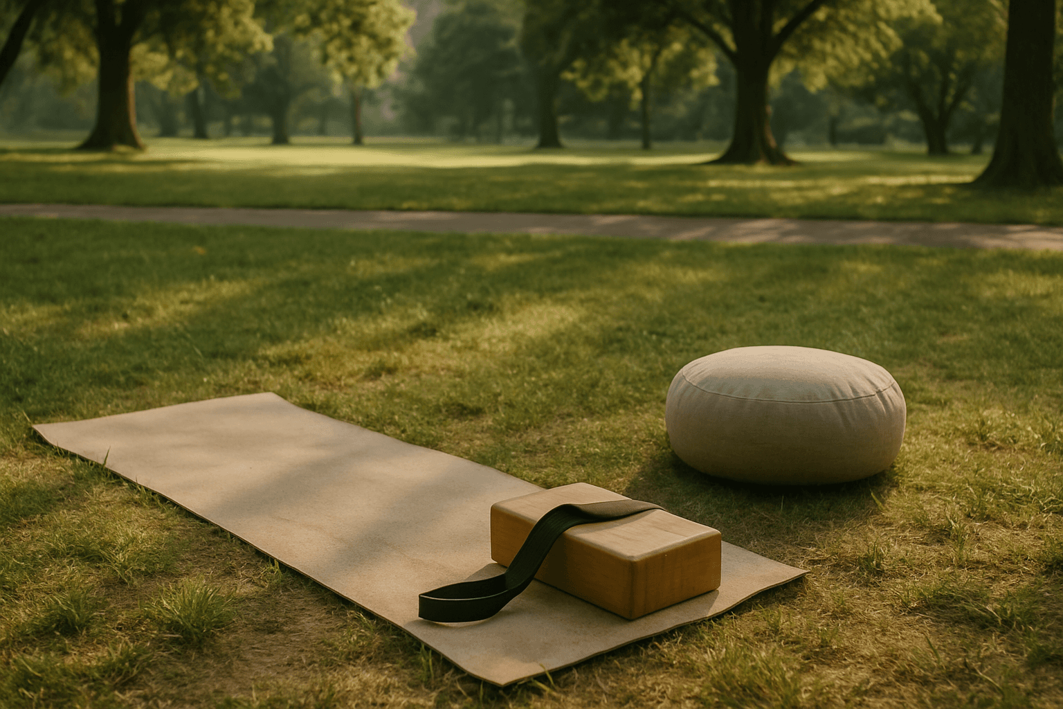 A small group of adults in casual clothes moving slowly and in unison in a sunny park, focusing on calm, mindful movement together.