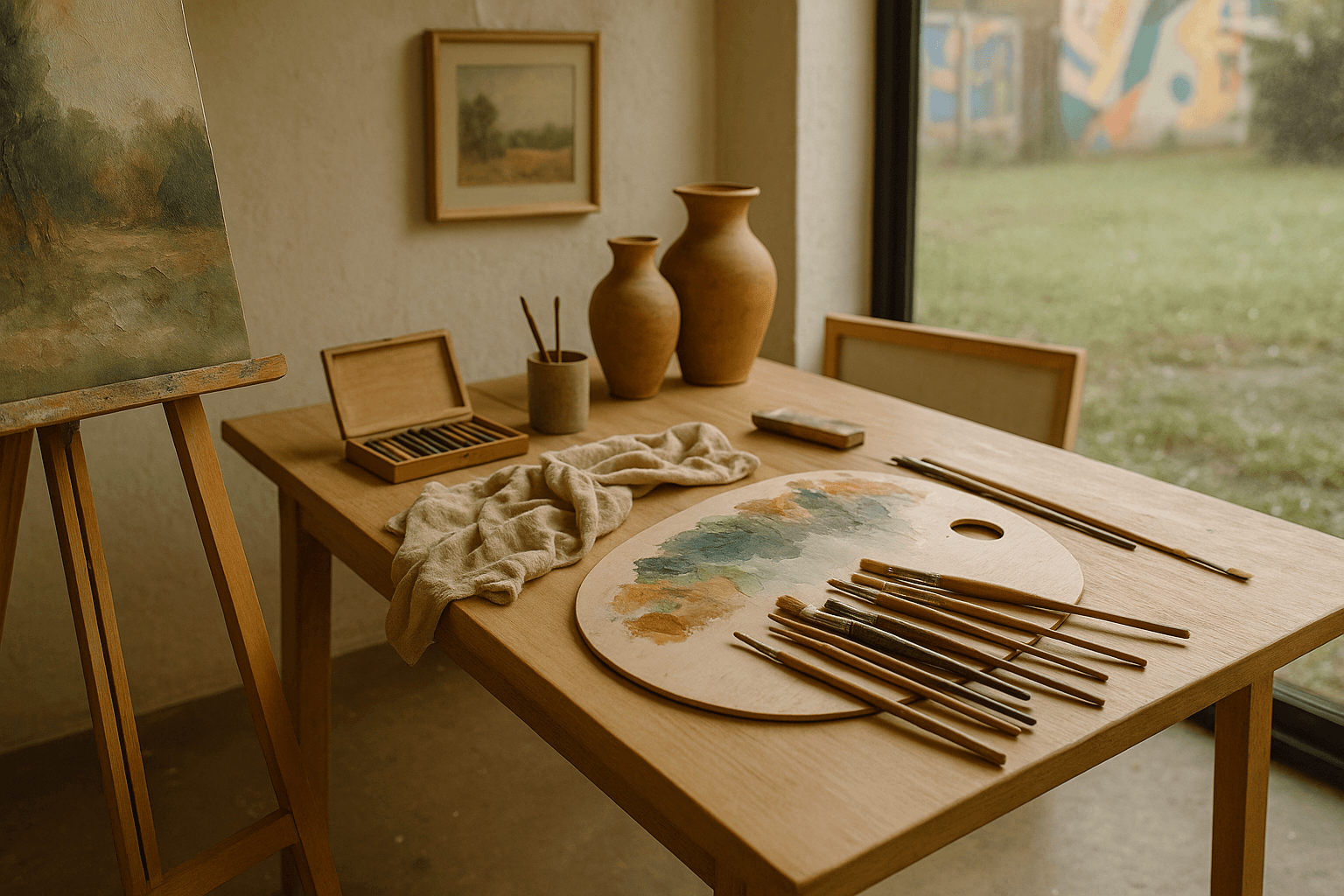 A small group of adults in a bright studio, painting at easels and talking quietly, with finished artworks on the walls around them.