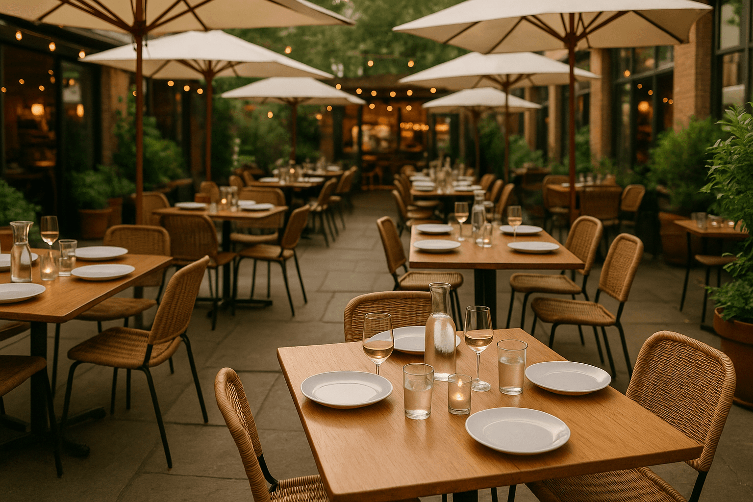 A small group of adults in relaxed conversation around a restaurant table, sharing small plates and drinks in warm evening light.