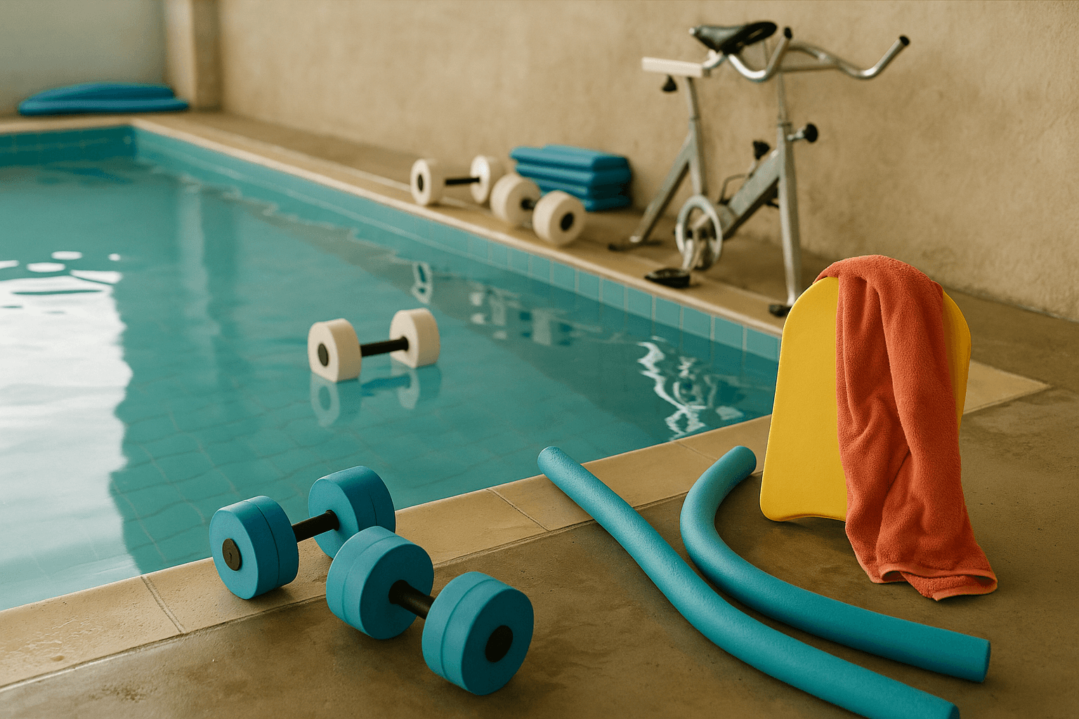 A small group of adults in a bright indoor pool following an instructor, smiling as they move through simple water exercises together.