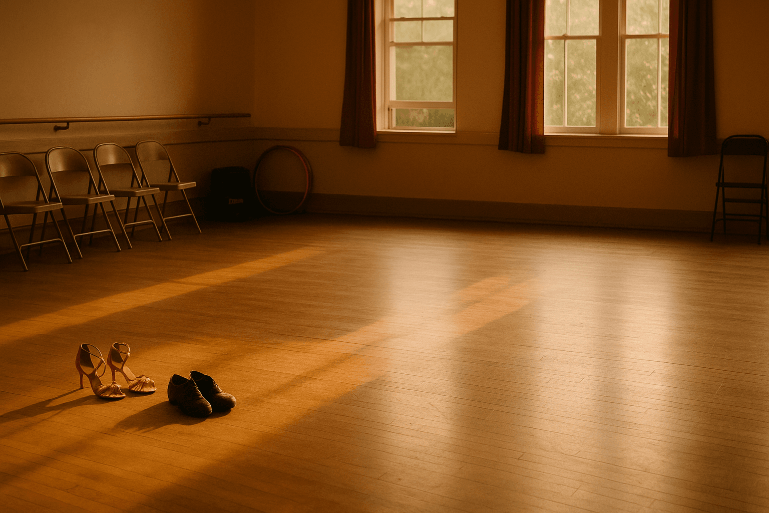 A group of adults in a bright studio laughing and dancing together, some in pairs and some solo, in comfortable clothes and soft-soled shoes.
