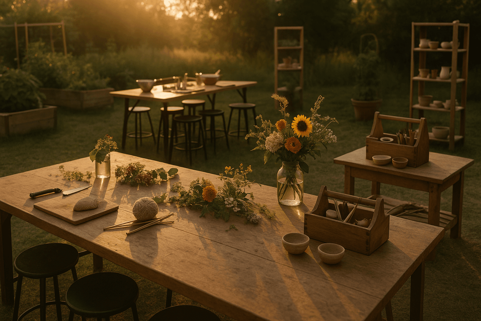 A small group of adults gathered around a worktable, hands busy with clay, yarn, and notebooks, talking and laughing as they focus on their creative projects.