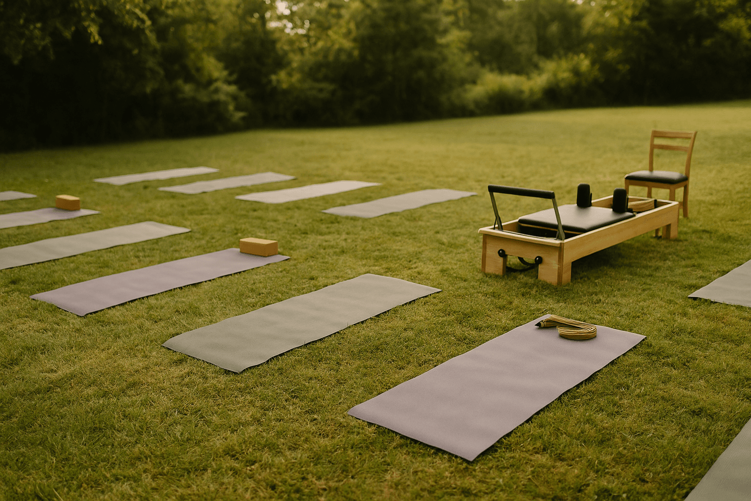 A small group of adults in a bright studio holding gentle standing yoga poses on mats, with a calm instructor offering guidance and support.