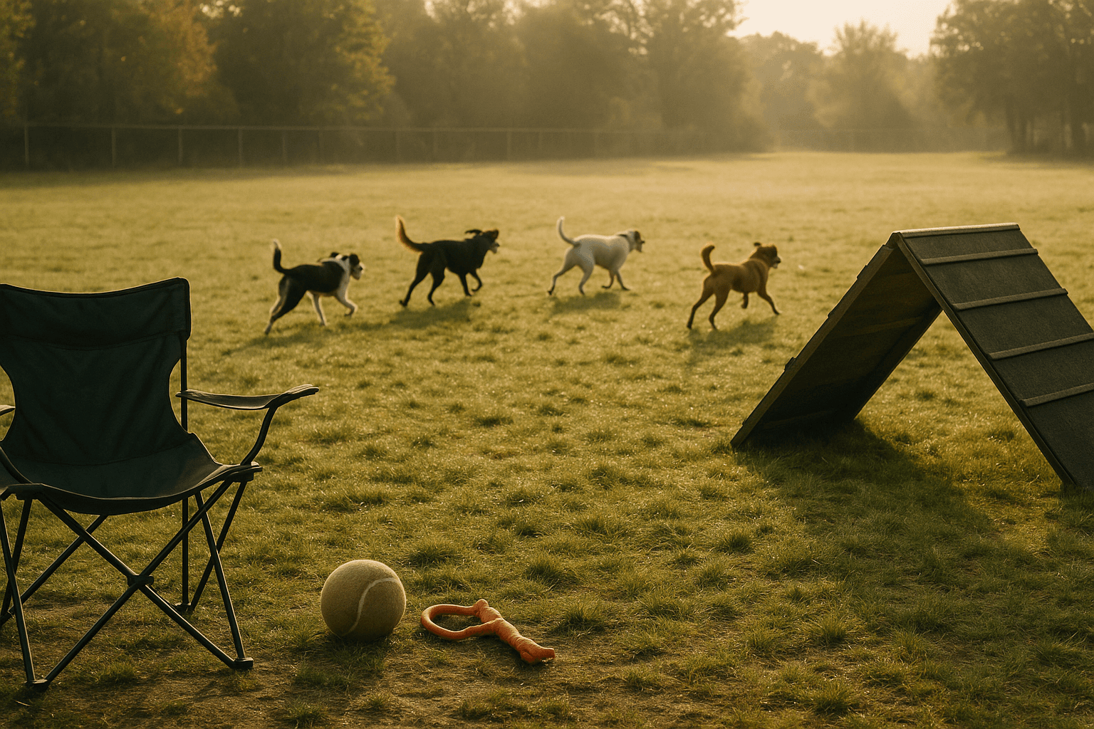 A small group of adults standing in a sunny park, chatting while their dogs play nearby, leashes in hand and relaxed body language.