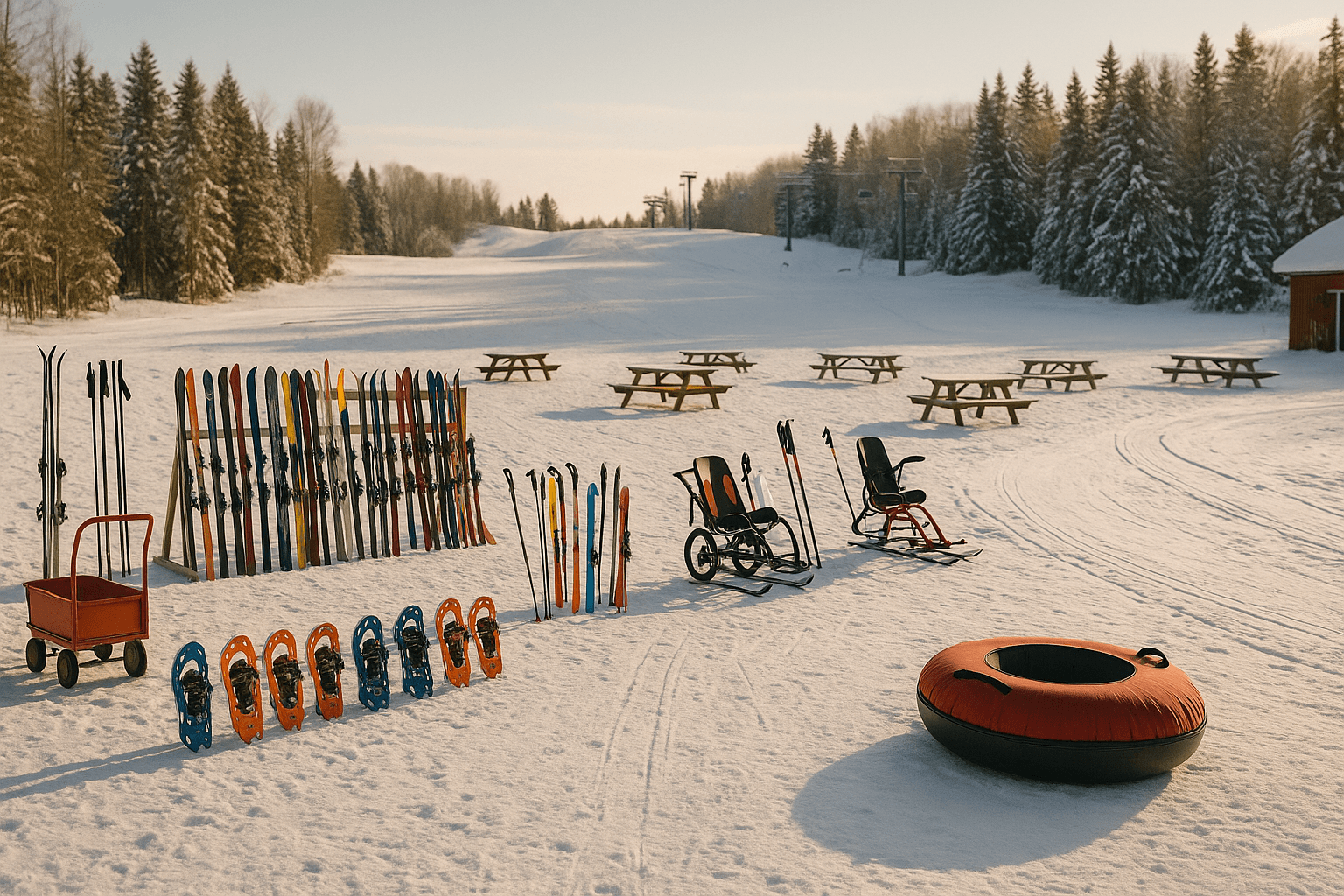 A small group of adults on a snowy mountain trail, some on skis and some on snowshoes, pausing to talk and enjoy the winter view under a clear sky.