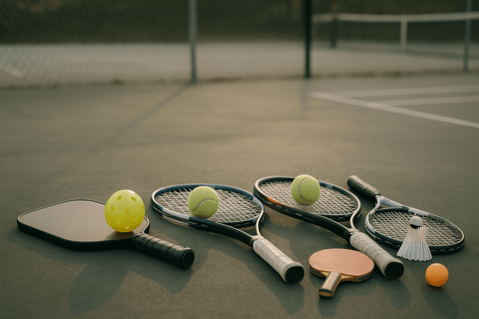 Two people in casual athletic wear playing doubles pickleball on an outdoor court, pausing between points to smile and talk across the net.