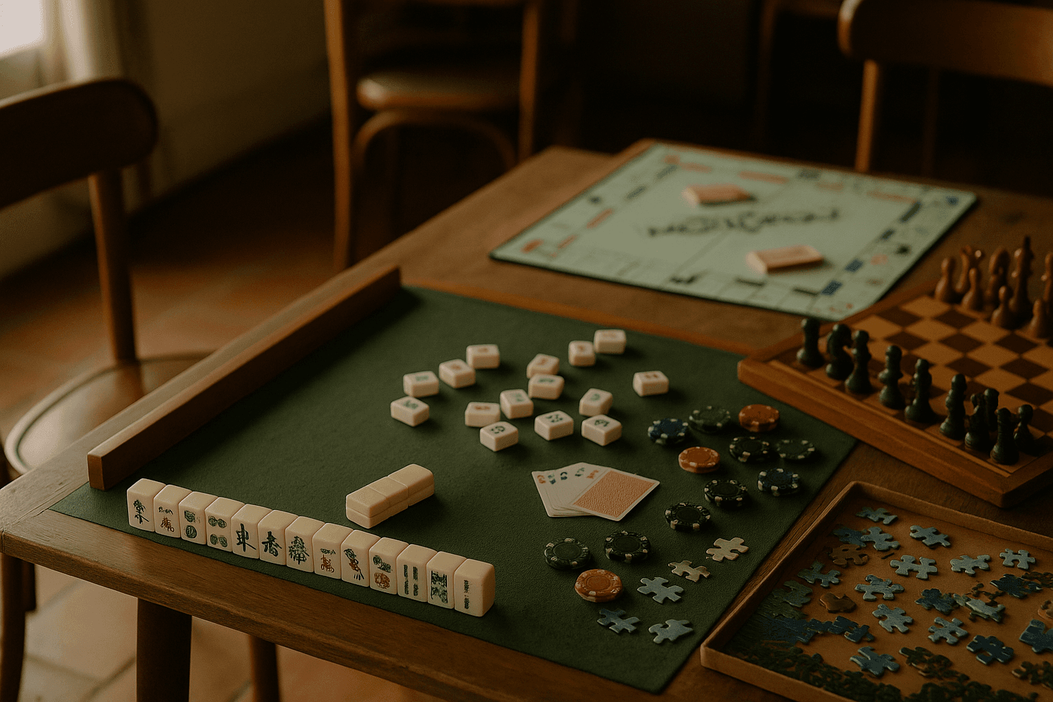 A small group of adults gathered around a cozy table, laughing as they play a board game and share snacks, with cards, tiles, and score sheets spread out.