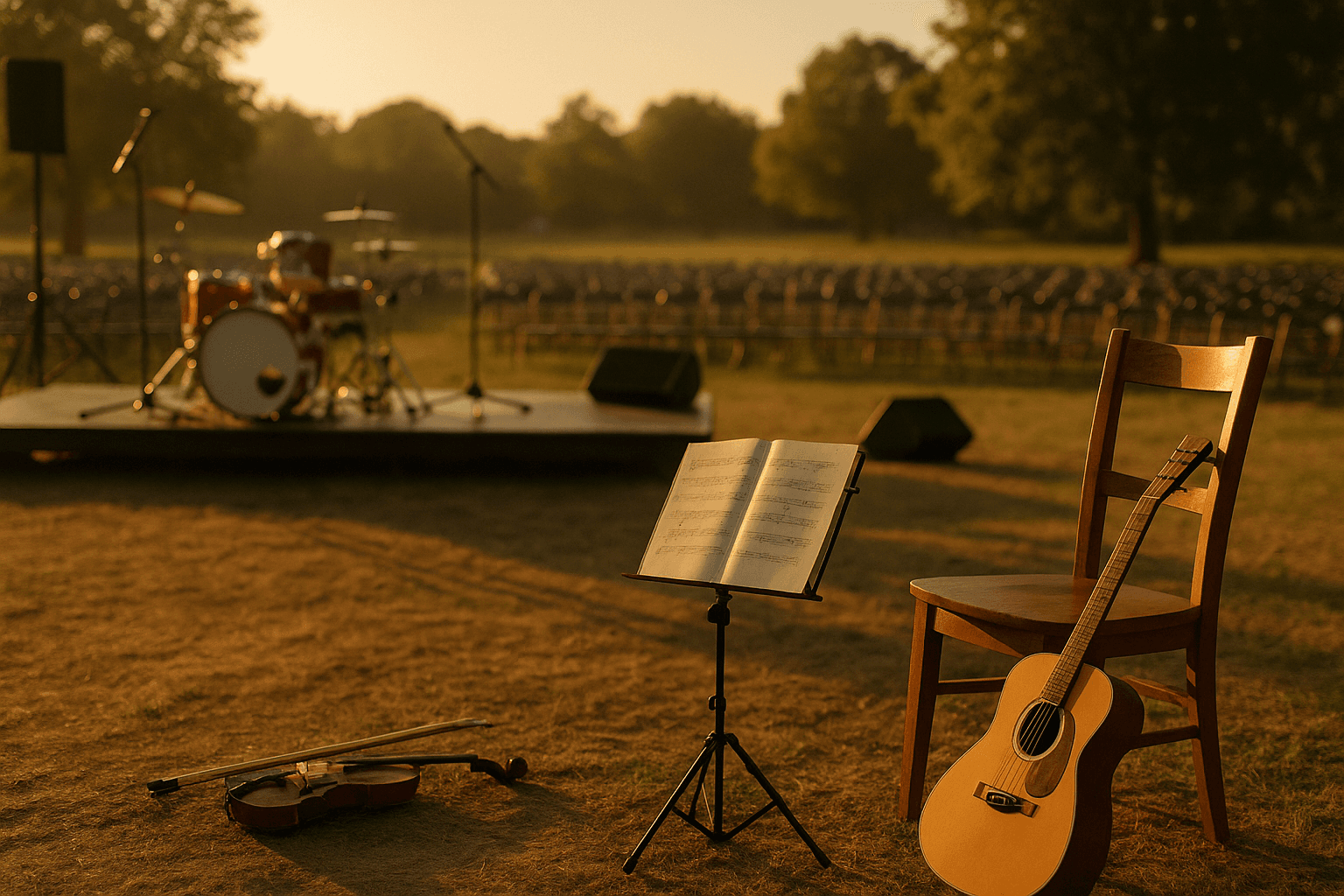 A small group of adults seated in a warm, intimate venue, attentively listening to a live ensemble performing on a softly lit stage.