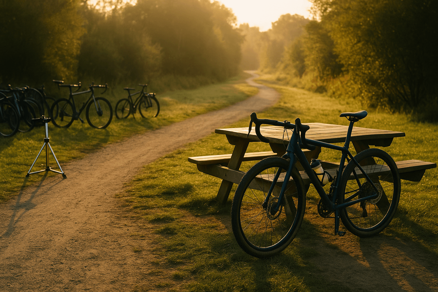 A small group of adults on bikes riding along a sunny riverside path, talking and smiling at an easy pace with city buildings and trees in the background.