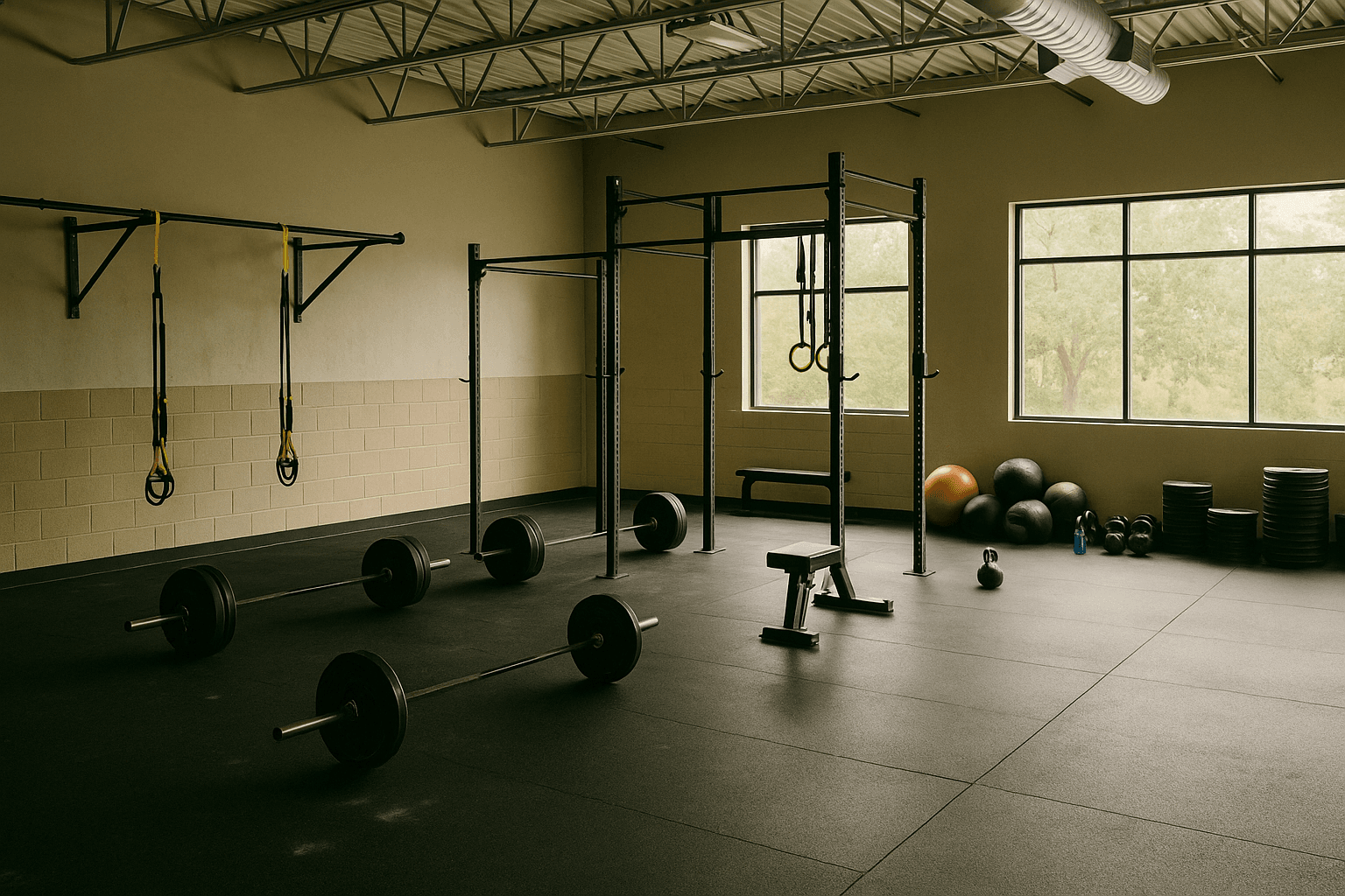 A small group of adults in a bright studio doing light strength exercises together with a coach, looking focused and at ease.