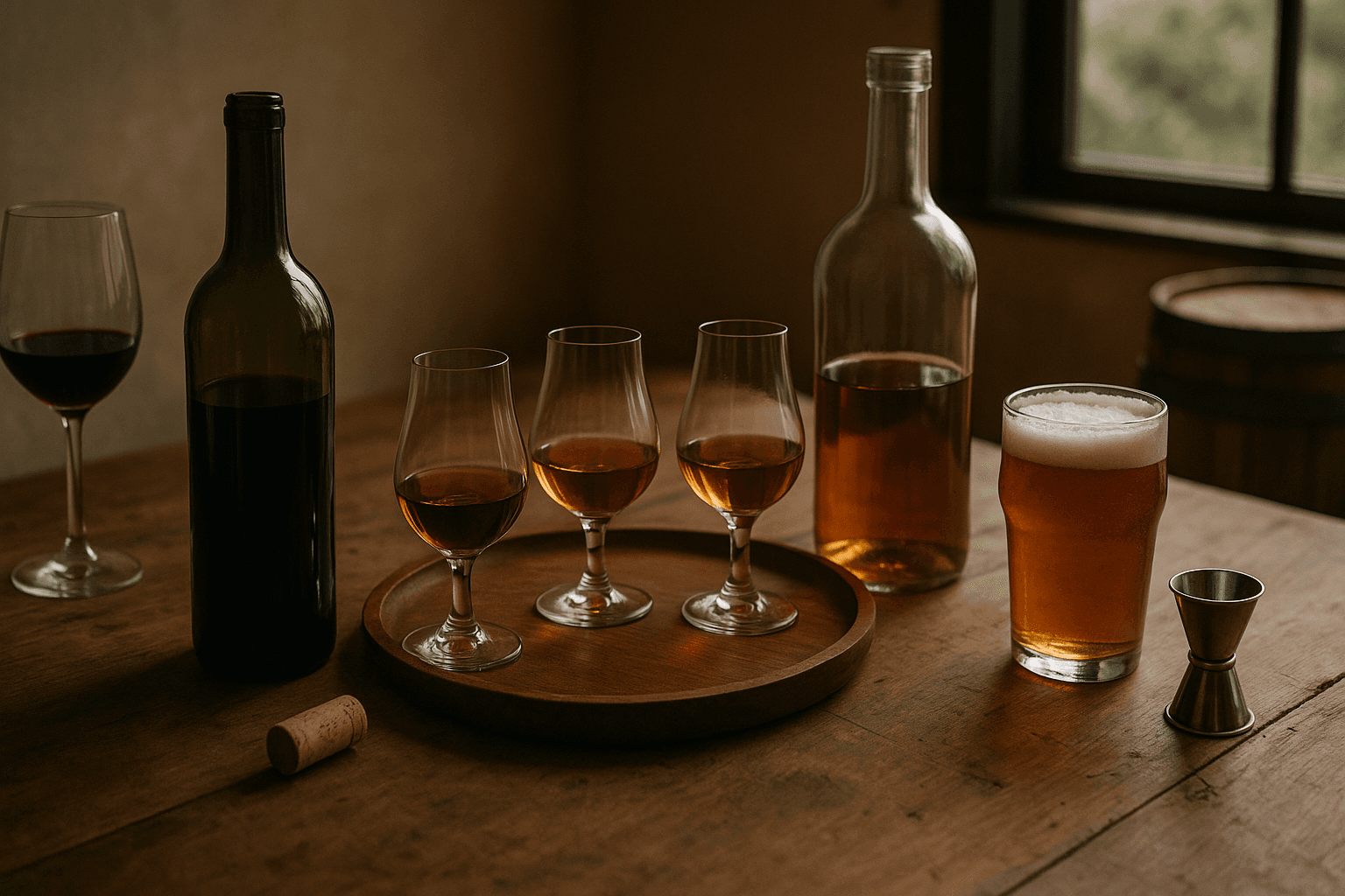 A small group of adults in a cozy tasting room clink wine glasses across a wooden table, chatting and smiling in warm, late-afternoon light.